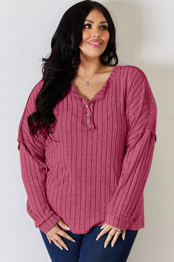 Ribbed knit half-button henley long sleeve top