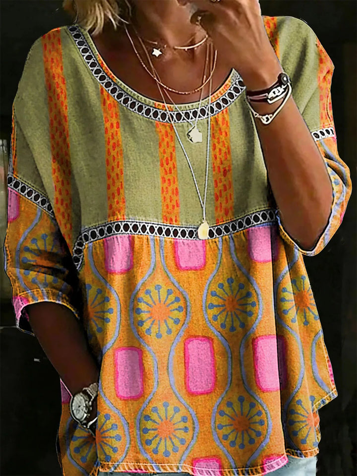 Gold Floral print crochet-trim tunic top with 3/4 sleeves