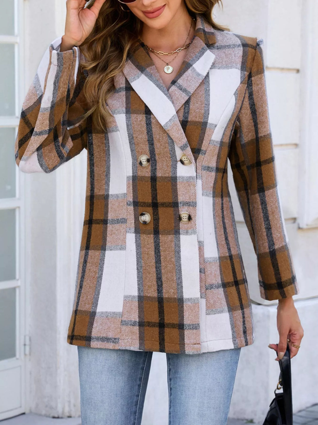 Plaid double-breasted blazer with notched lapels