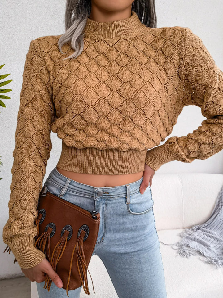 Openwork scallop knit mock neck cropped sweater