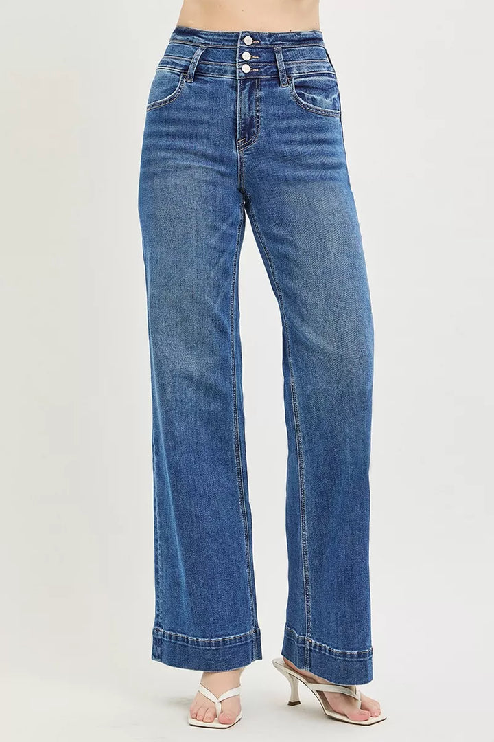 High-rise wide-leg jeans with stacked button front