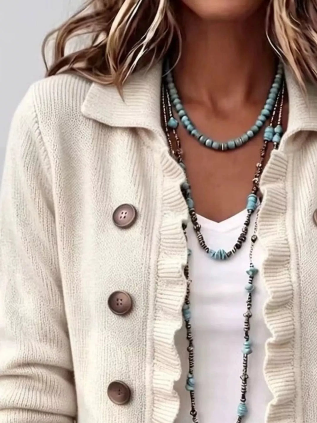 Ruffle trim knit cardigan with collar and decorative buttons