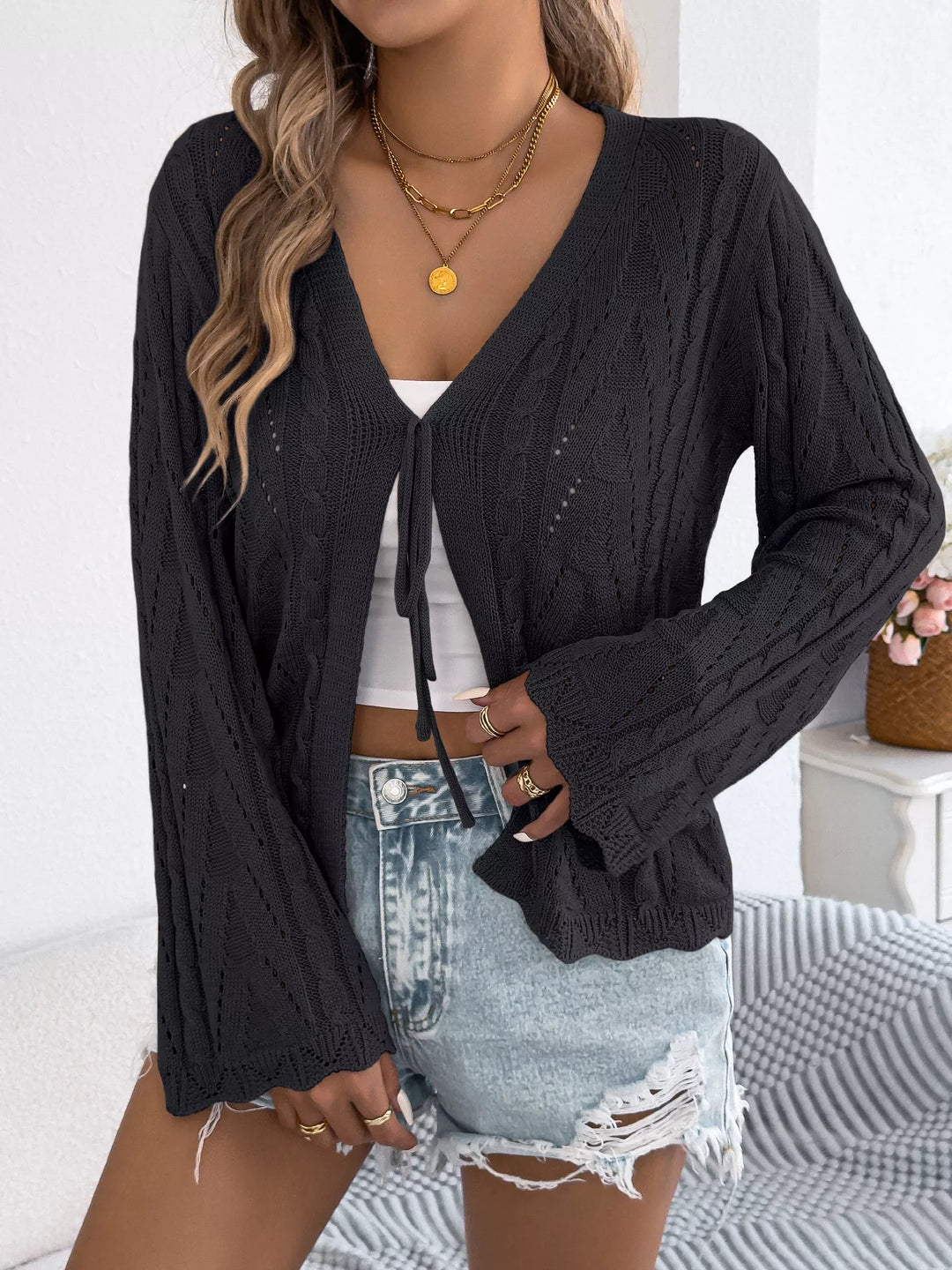Black Openwork tie-front knit cardigan with bell sleeves