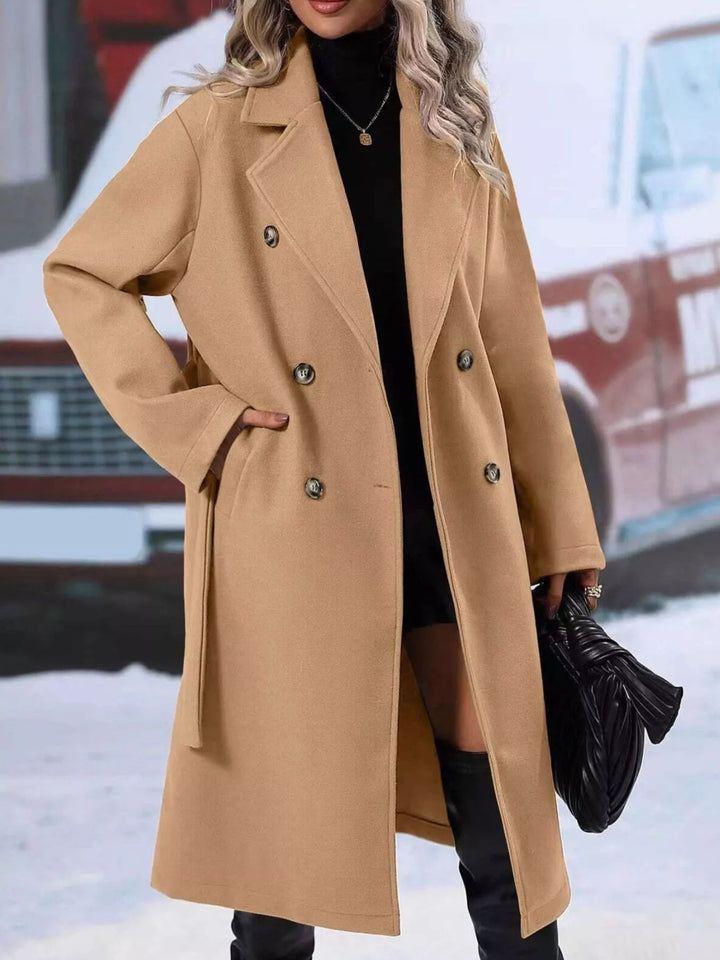Double-breasted tie-waist long coat with notch lapels