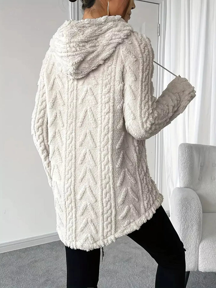 Textured cable-knit fleece pullover hoodie with drawstring