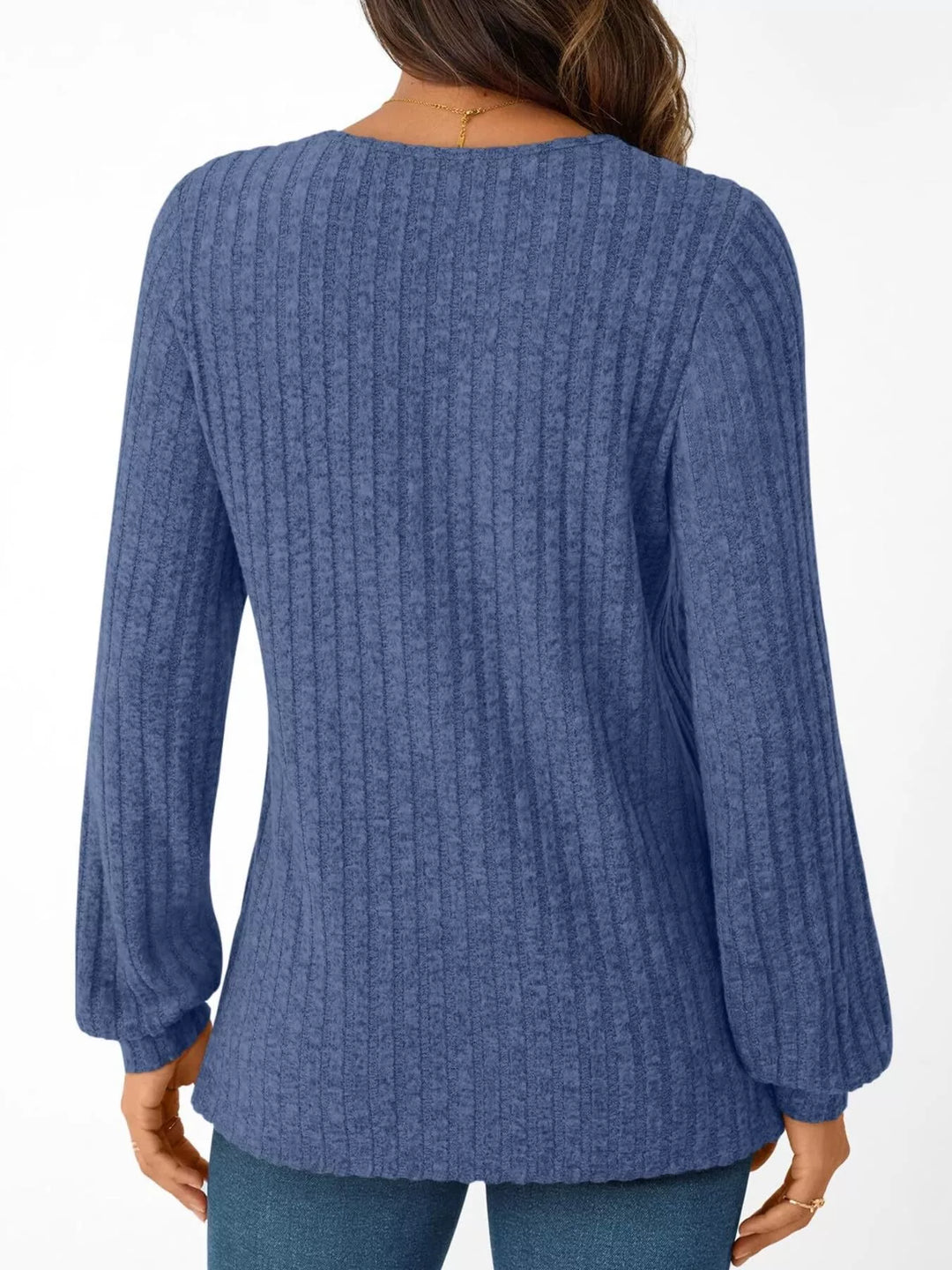 Ribbed knit v-neck top with blouson sleeves