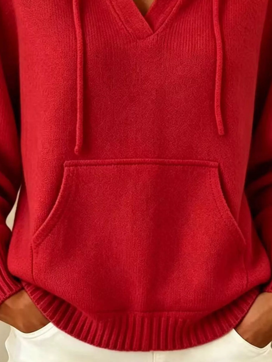 Drawstring hooded knit pullover with kangaroo pocket