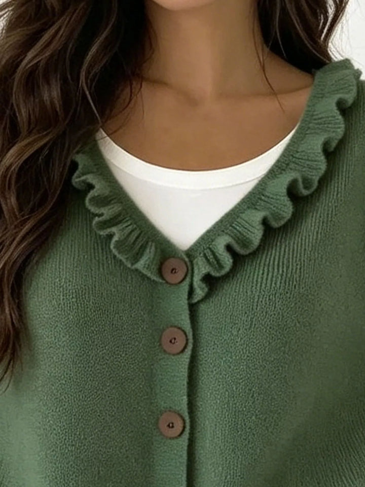 Ruffle-trim V-neck button-front knit cardigan