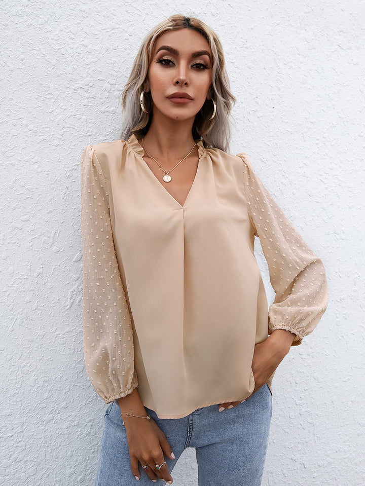 Khaki Swiss dot frill V-neck puff sleeve blouse