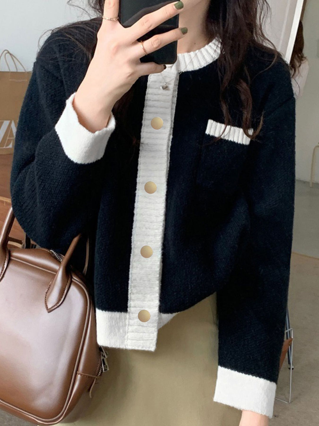 Contrast-trim button-up knit cardigan with patch pockets