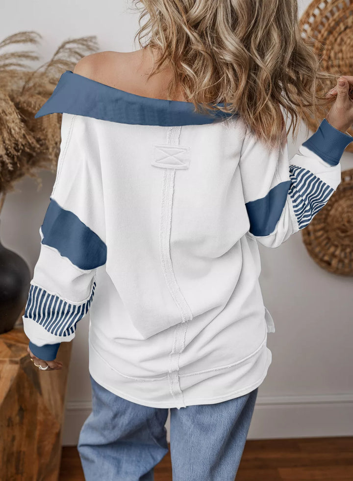 Color block striped Johnny collar sweatshirt with exposed seams