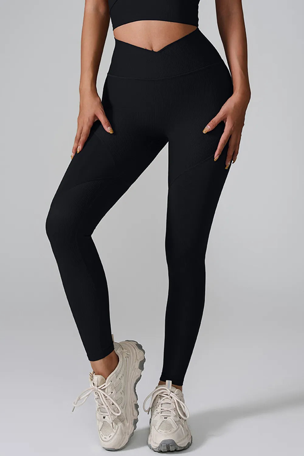 Black Ribbed high-waist crossover seamless leggings