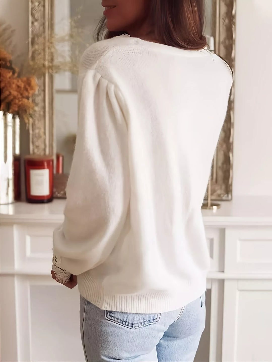 Lace-trim V-neck button-down knit cardigan