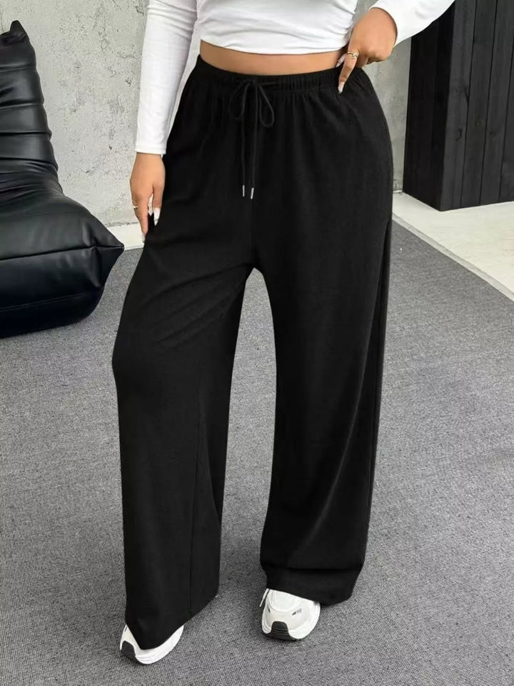 Black Wide-leg drawstring pants with elastic waist and pockets