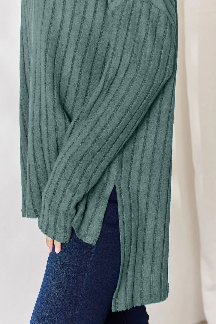 Ribbed knit half-button long sleeve high-low top