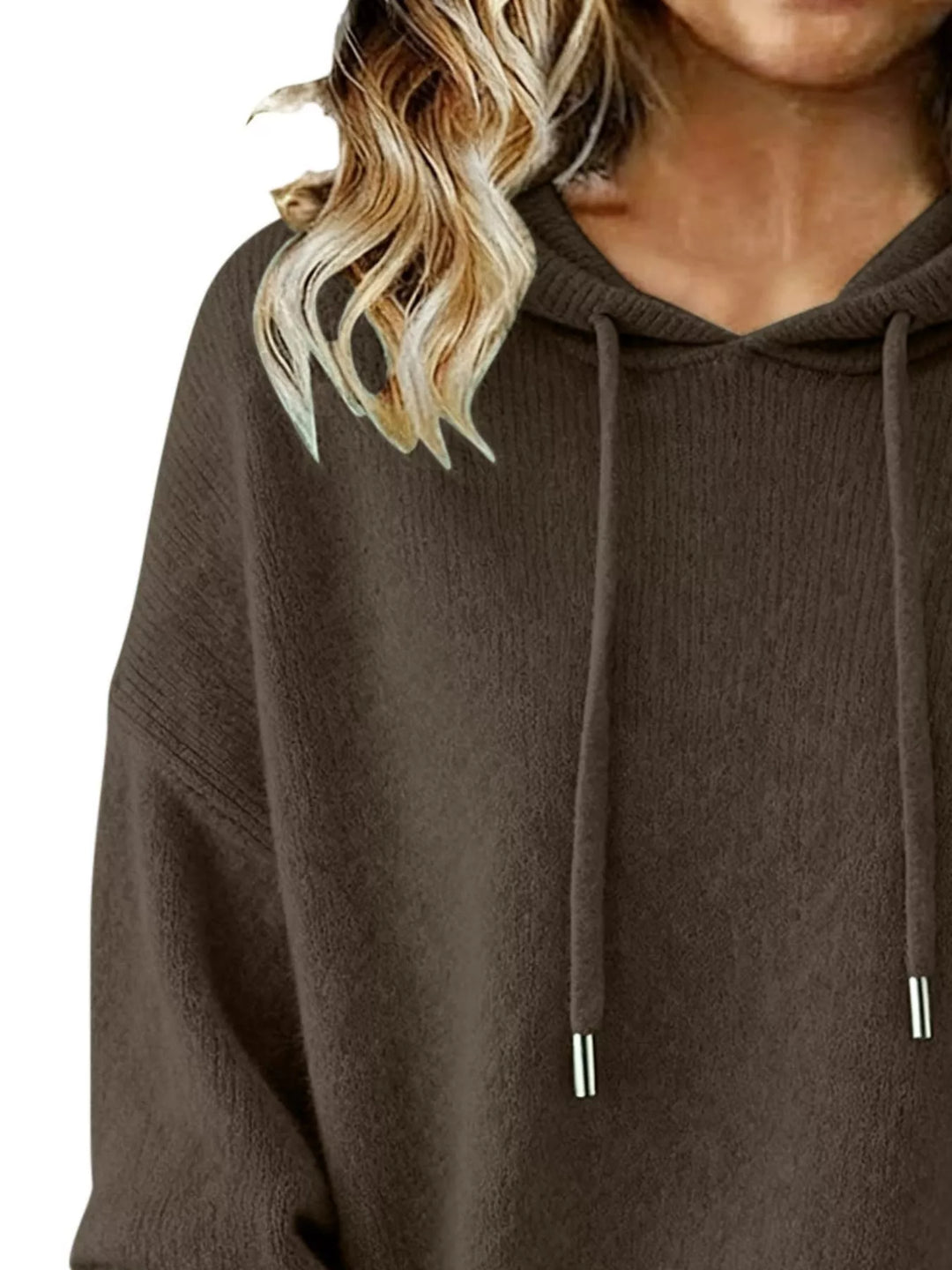 Drawstring hooded knit pullover sweater with ribbed cuffs