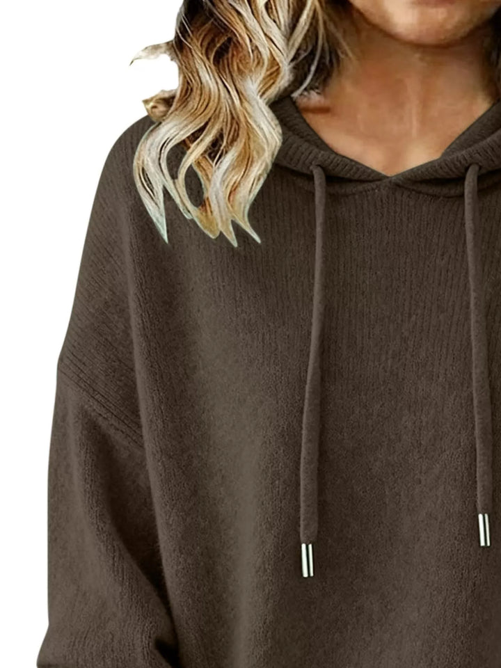 Drawstring hooded knit pullover sweater with ribbed cuffs