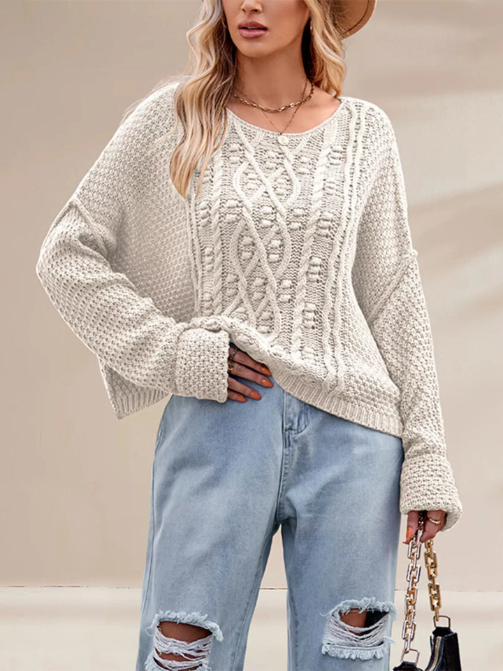 Cable knit drop shoulder sweater with boat neck