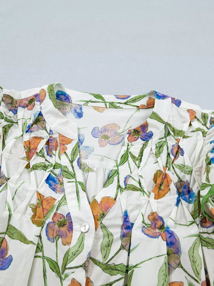 Watercolor floral ruffle-sleeve V-neck cotton blouse