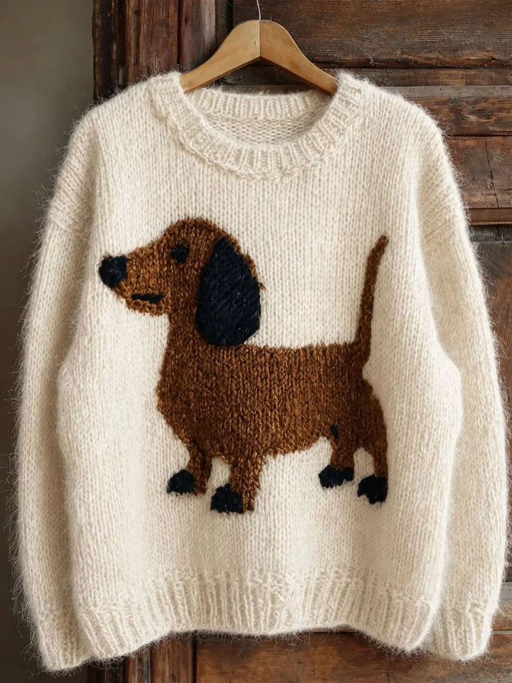 White Dachshund chunky knit drop shoulder crew neck sweater