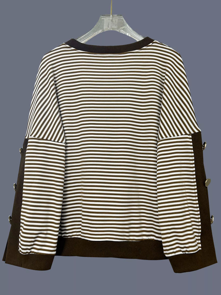 Striped dropped-shoulder sweatshirt with button trim