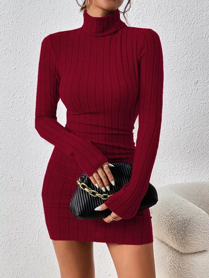 Wine Red Ribbed knit turtleneck bodycon mini dress with thumbhole sleeves