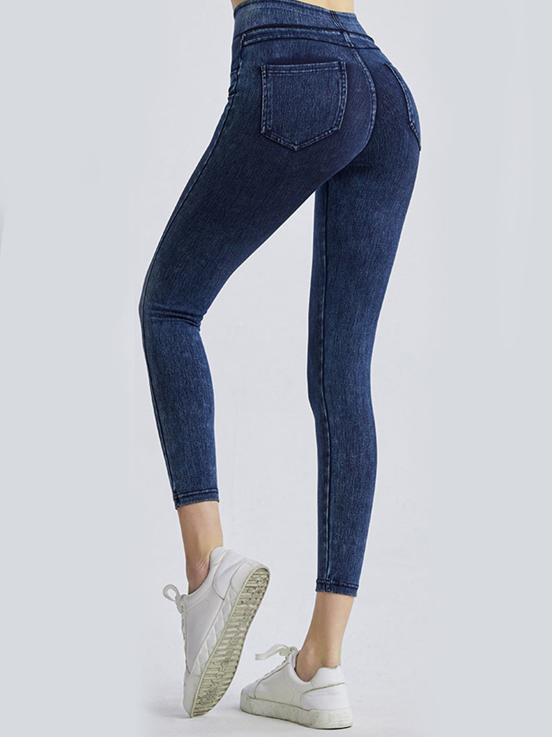 High-waist denim-look sports leggings with faux pockets