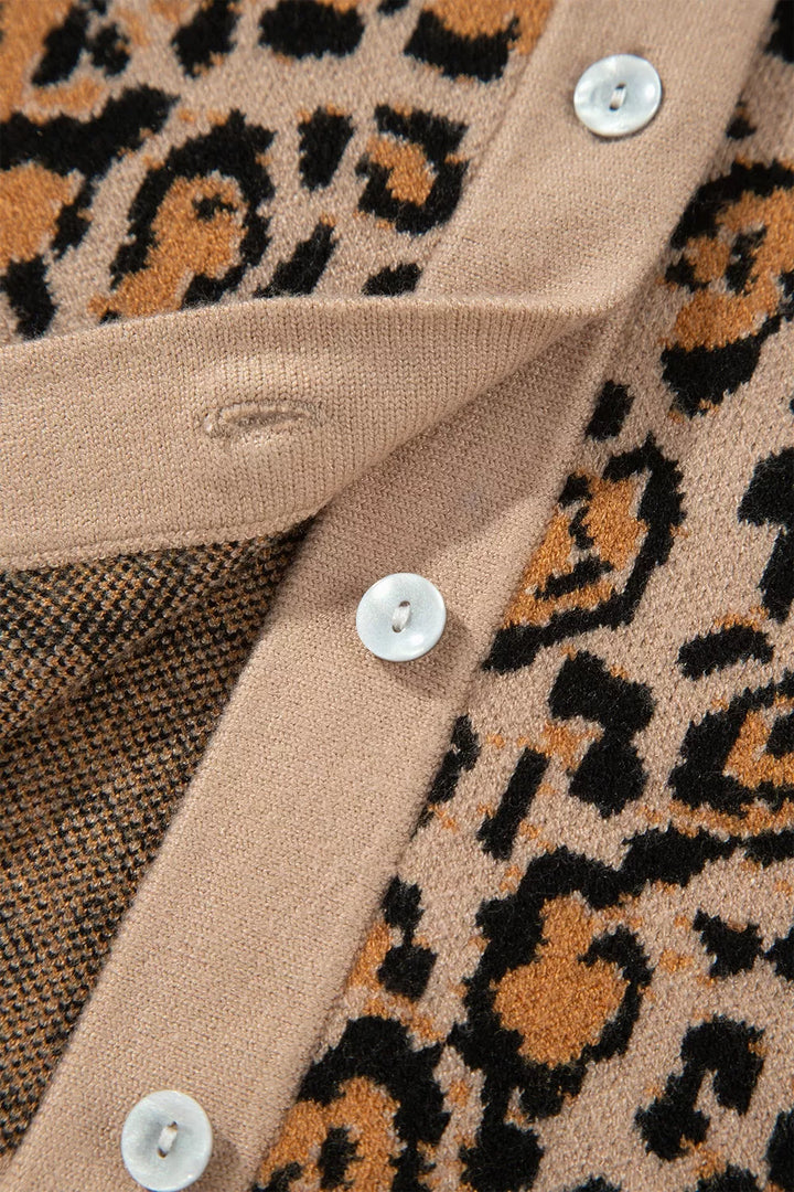 Leopard print collared button-front knit cardigan