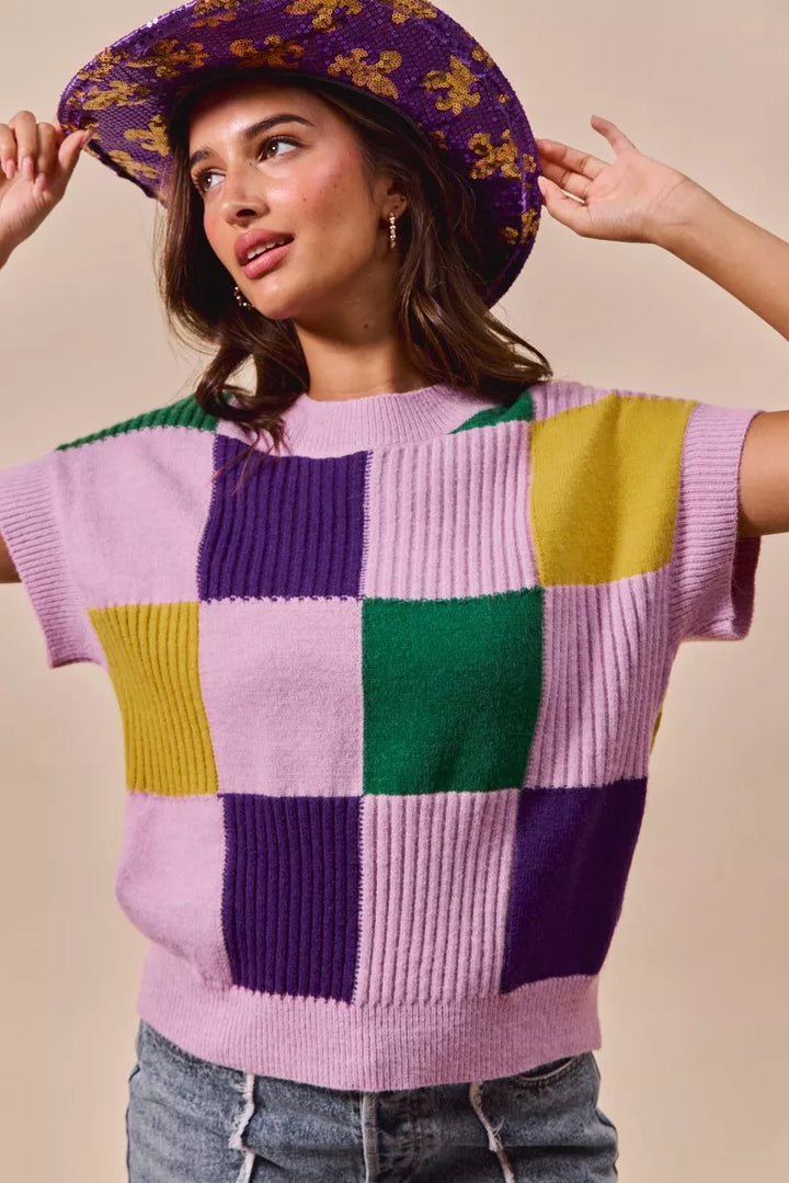 Checkerboard color-block short sleeve sweater top