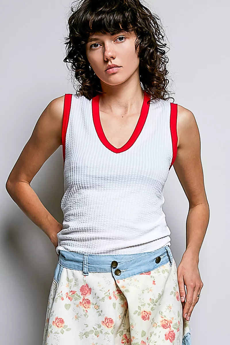 OFF WHITE Ribbed V-neck tank with contrast neckline trim