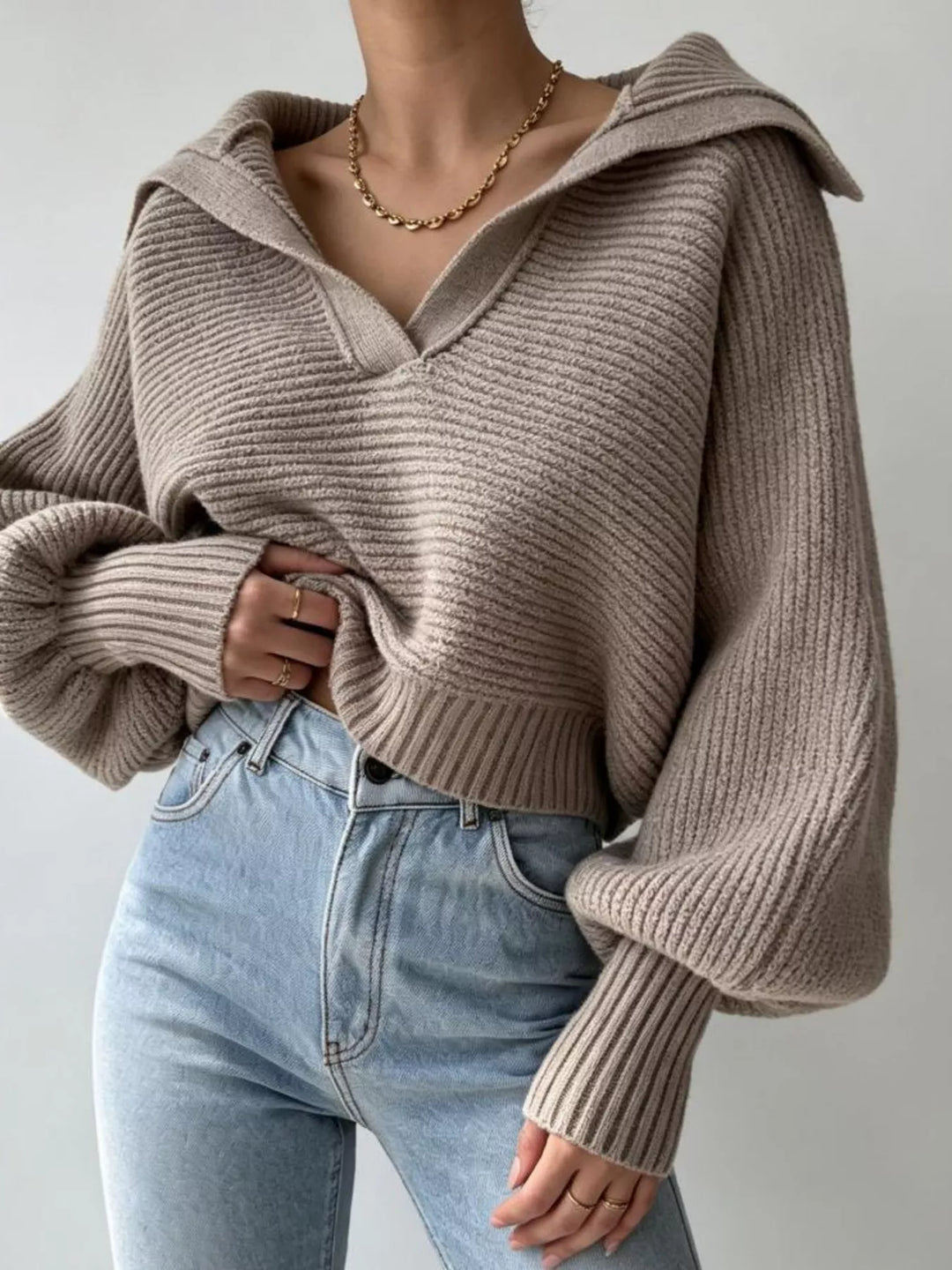 Khaki Ribbed knit cropped sweater with oversized collar