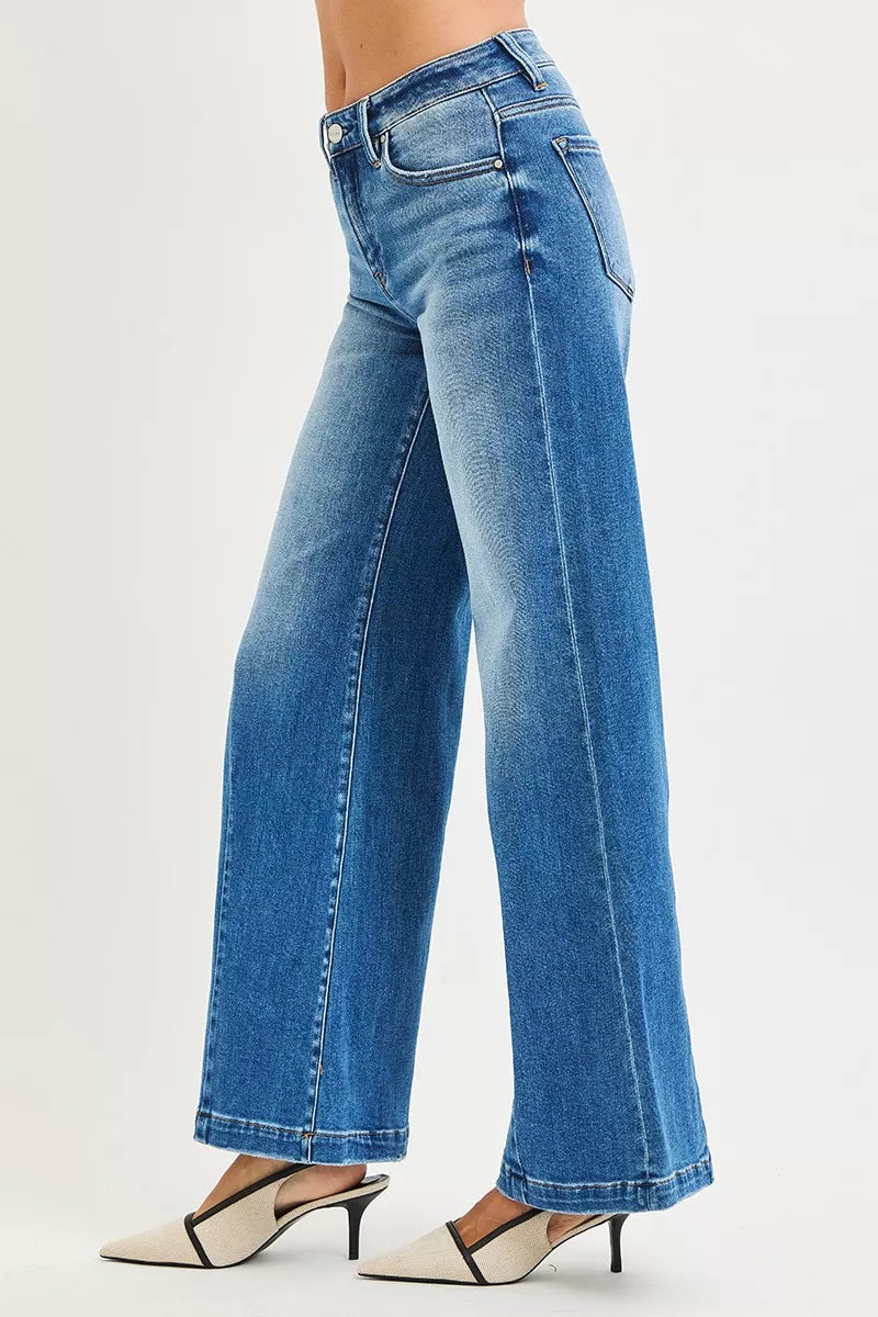 Mid-rise wide-leg flare jeans with center seam