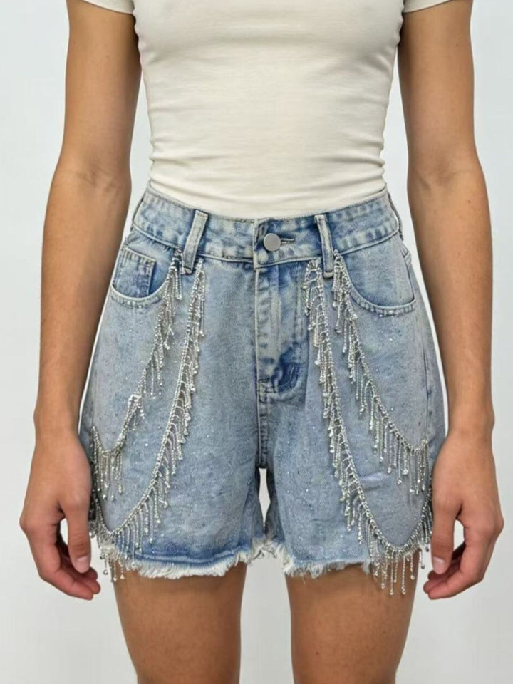 Sky Blue Rhinestone fringe high-rise raw hem denim shorts