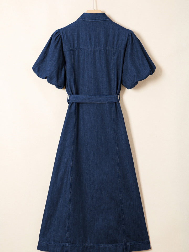 Puff sleeve button-down midi denim dress with tie belt
