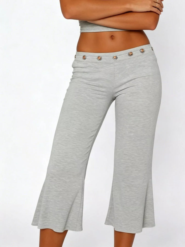 Mid-rise wide-leg capri pants with gold-button waistband