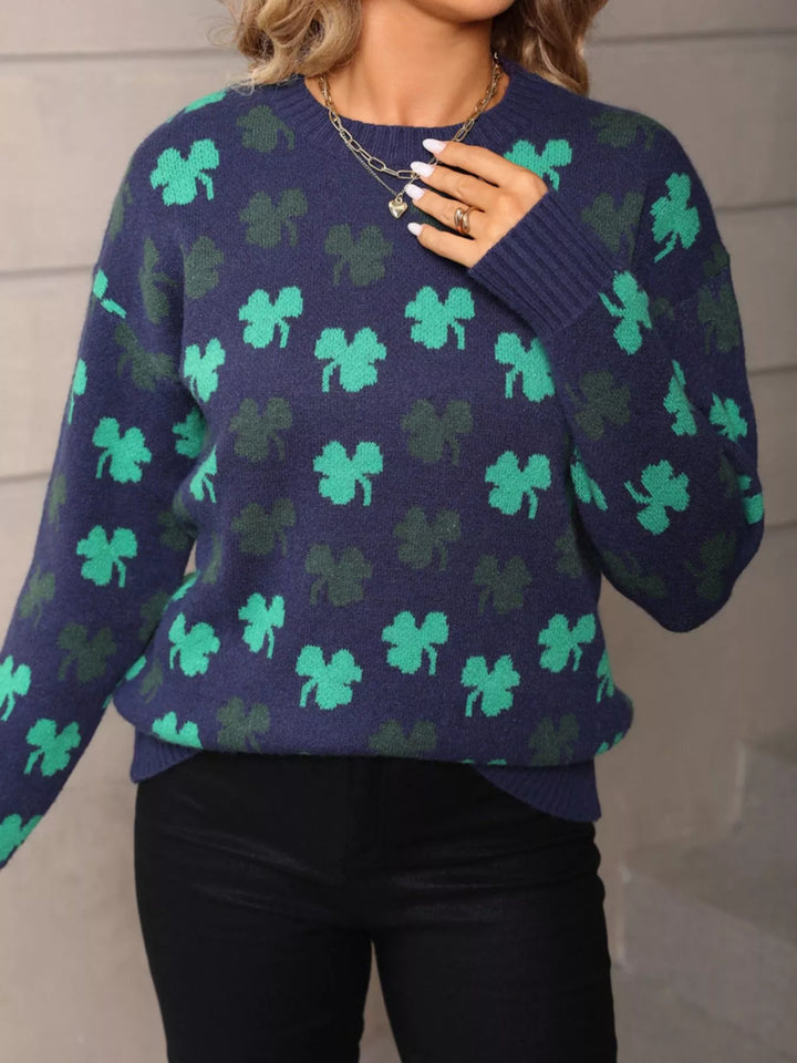 Shamrock print crew neck knit sweater