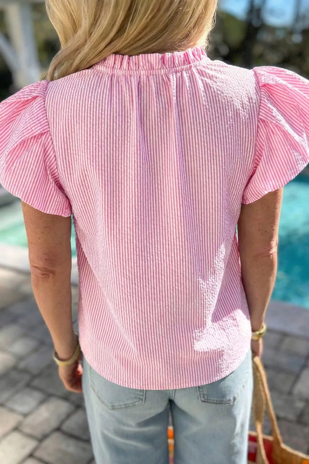 Striped split V-neck blouse with flutter bubble sleeves