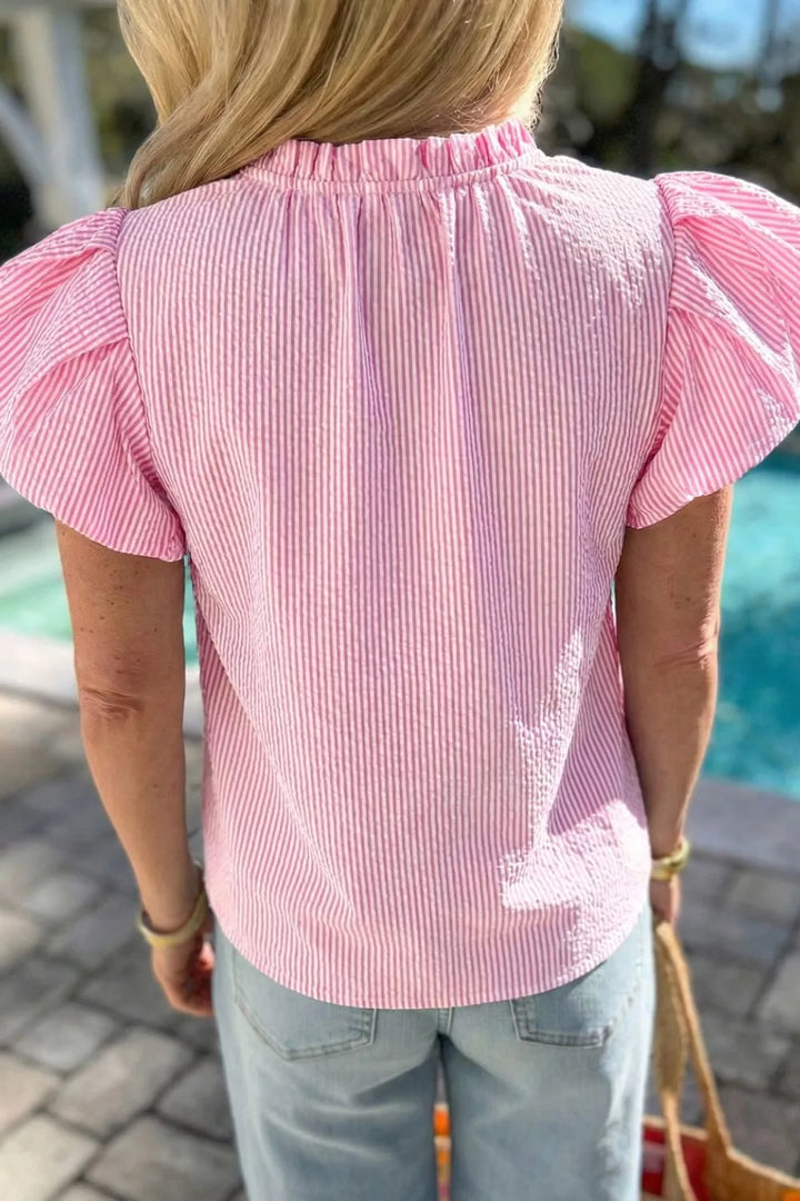 Striped split V-neck blouse with flutter bubble sleeves