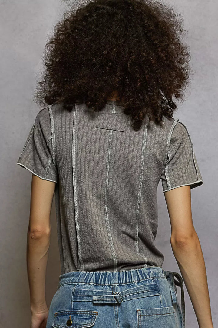 V-neck button placket short sleeve knit top