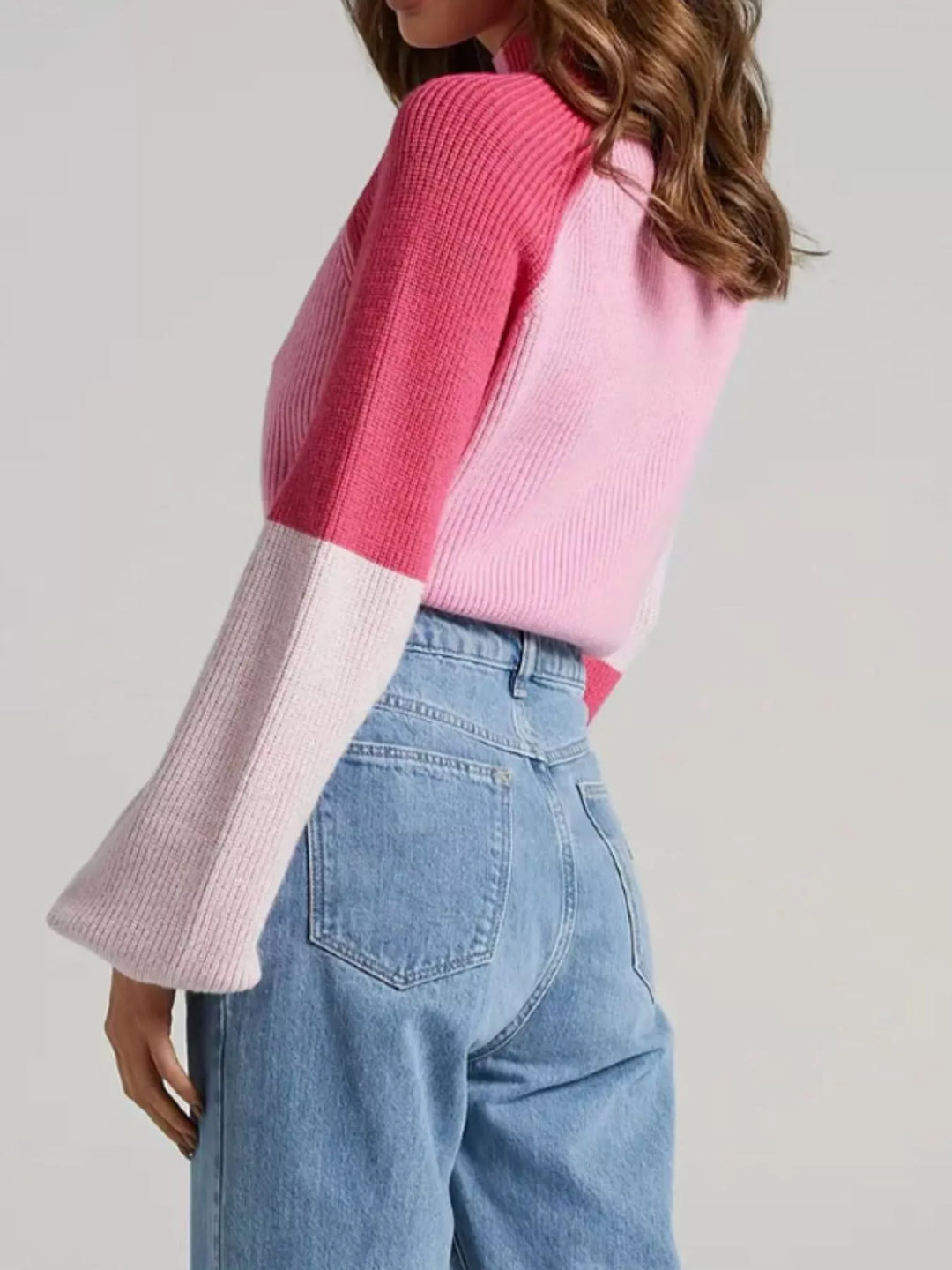 Color block ribbed knit mock neck sweater with balloon sleeves
