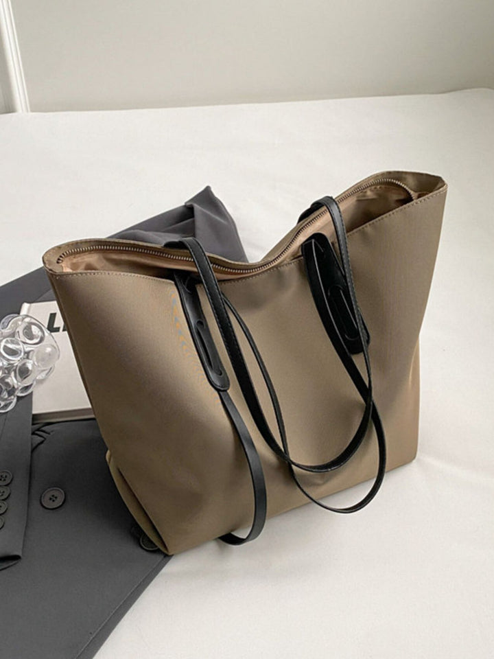 Large capacity nylon shoulder tote bag with contrast straps