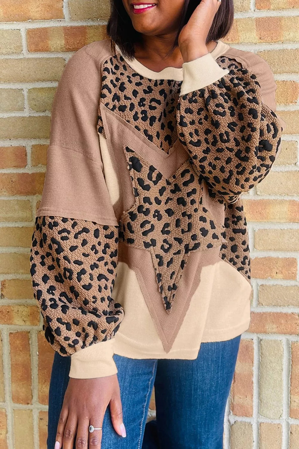 Taupe Oversized leopard star patchwork crew neck sweatshirt
