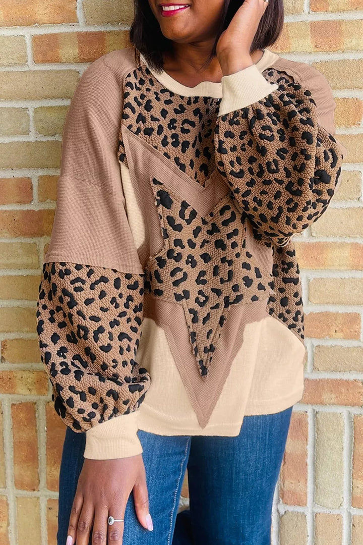 Taupe Oversized leopard star patchwork crew neck sweatshirt