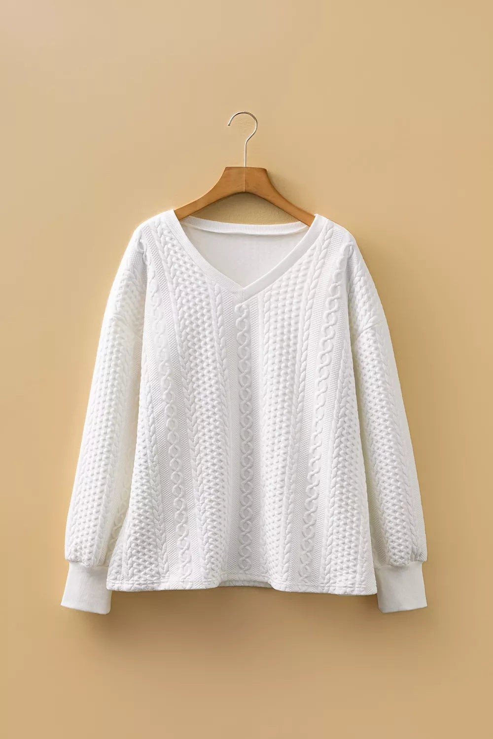 Cable-knit drop-shoulder V-neck pullover sweater