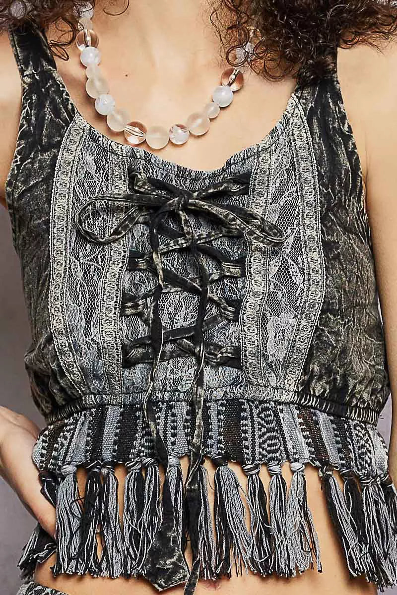 Lace-up fringe hem crop tank with lace detail