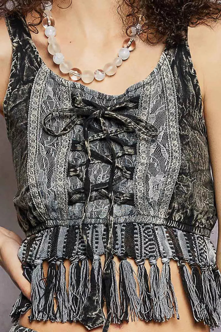 Lace-up fringe hem crop tank with lace detail