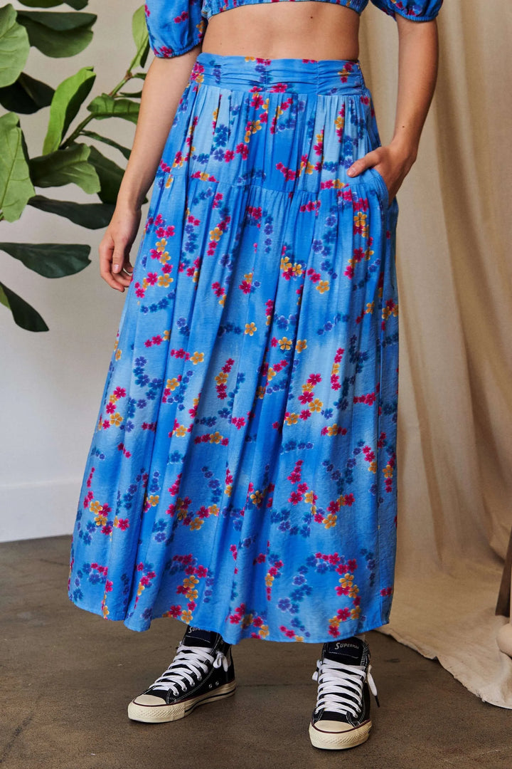 Tiered floral maxi skirt with smocked waistband