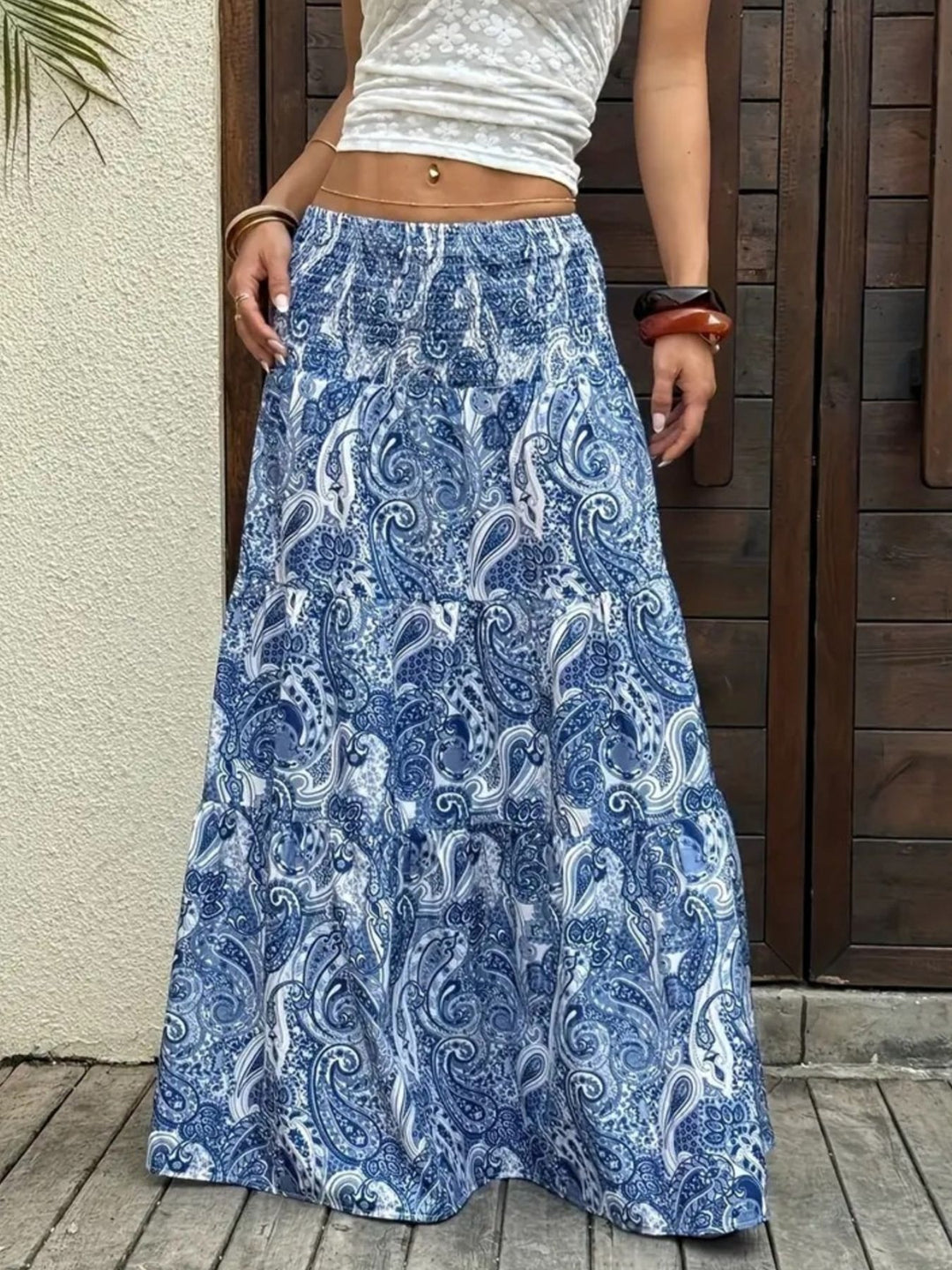 Blue Paisley print maxi skirt with smocked waist