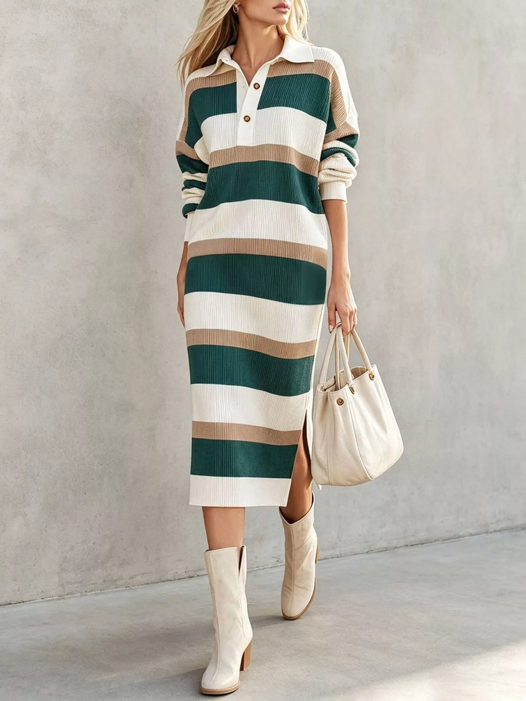 Green Striped ribbed knit polo collar midi sweater dress