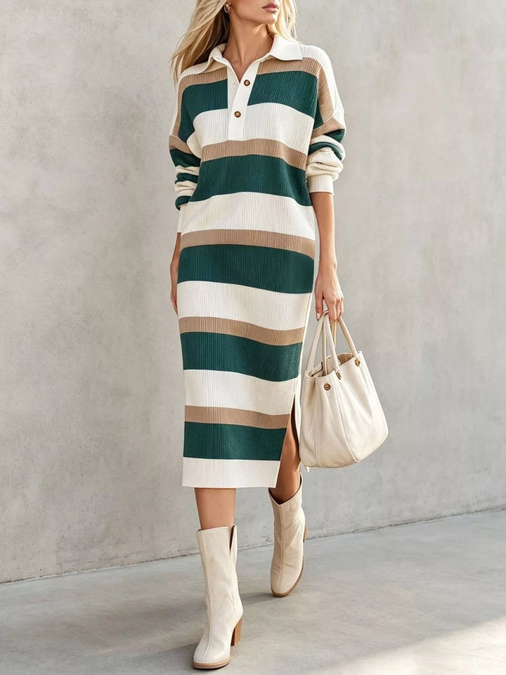 Green Striped ribbed knit polo collar midi sweater dress